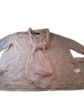 The Moon Pearl Sheer Mesh Blouse Womens Scarf Balloon Long Sleeve High Neck